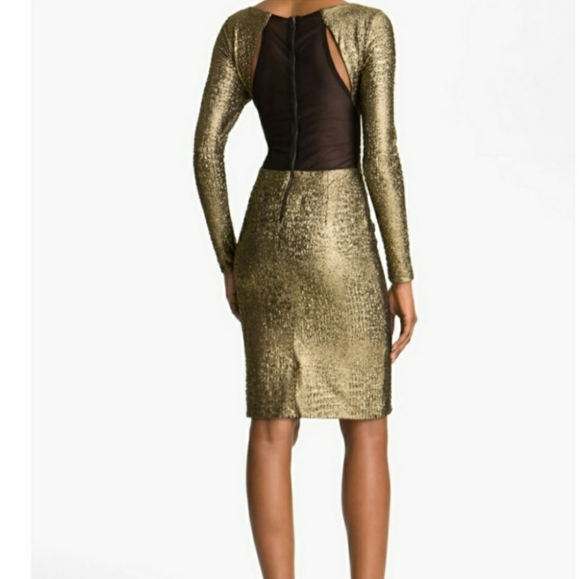 Alice + Olivia Selma Mesh Back Gold Sheath Dress - Picture 2 of 9